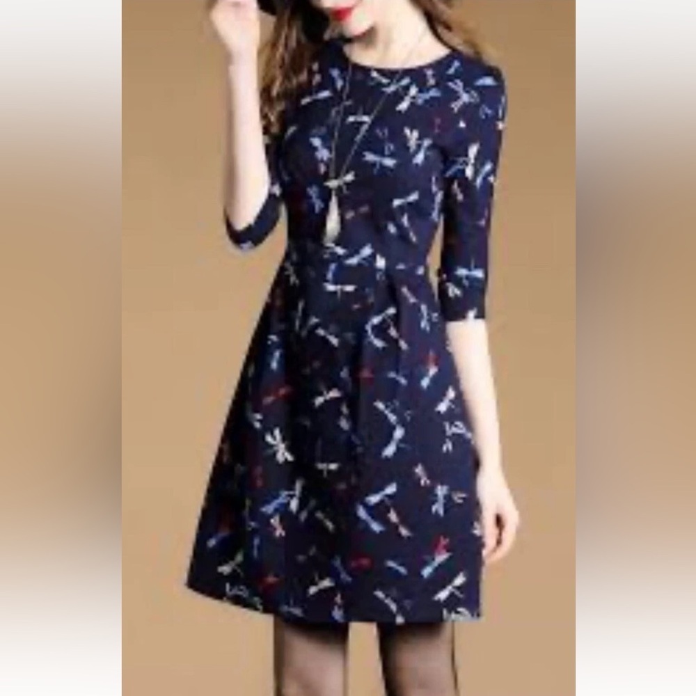 Dan Munier Dragonfly Print Fit‎ & Flare Dress Pockets Womens Size Small (613)
